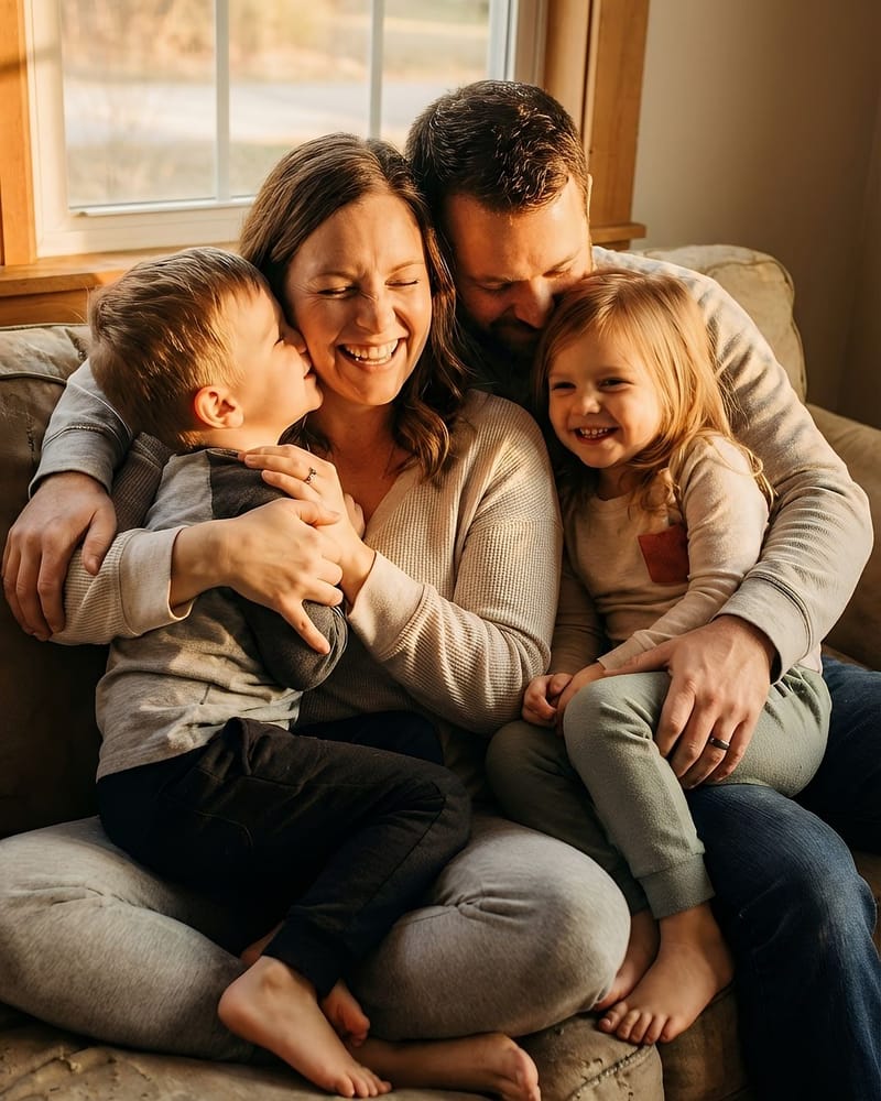 A laughing mother and father hugging their son and daughter on a sofa by a sunlit window